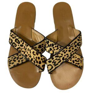 J.Crew Leopard Calf Hair Crossover Slide Sandals Flat Heel Slip On Size 9